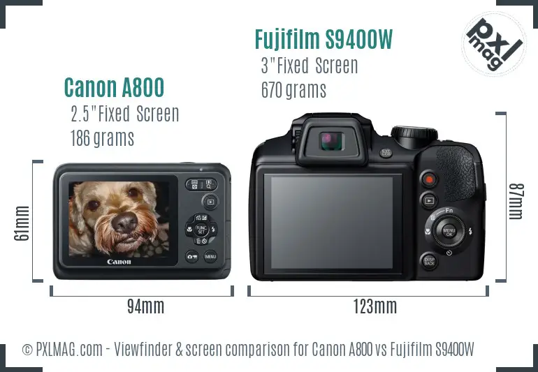 Canon A800 vs Fujifilm S9400W Screen and Viewfinder comparison