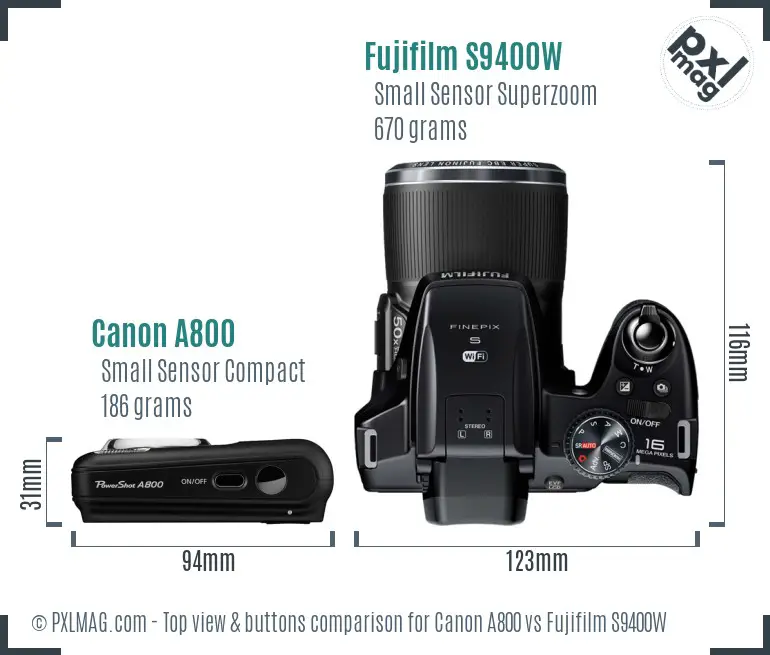 Canon A800 vs Fujifilm S9400W top view buttons comparison