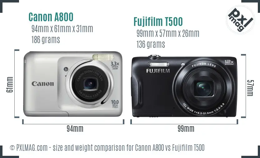 Canon A800 vs Fujifilm T500 size comparison