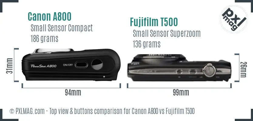Canon A800 vs Fujifilm T500 top view buttons comparison