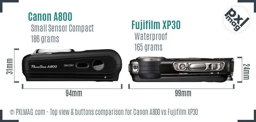 Canon A800 vs Fujifilm XP30 top view buttons comparison