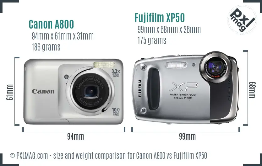 Canon A800 vs Fujifilm XP50 size comparison