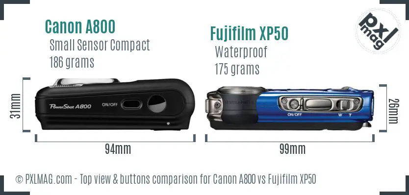 Canon A800 vs Fujifilm XP50 top view buttons comparison