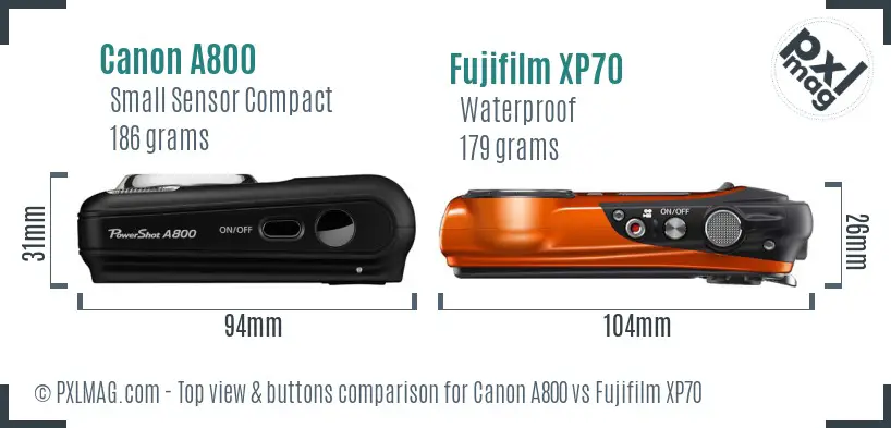 Canon A800 vs Fujifilm XP70 top view buttons comparison