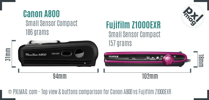 Canon A800 vs Fujifilm Z1000EXR top view buttons comparison