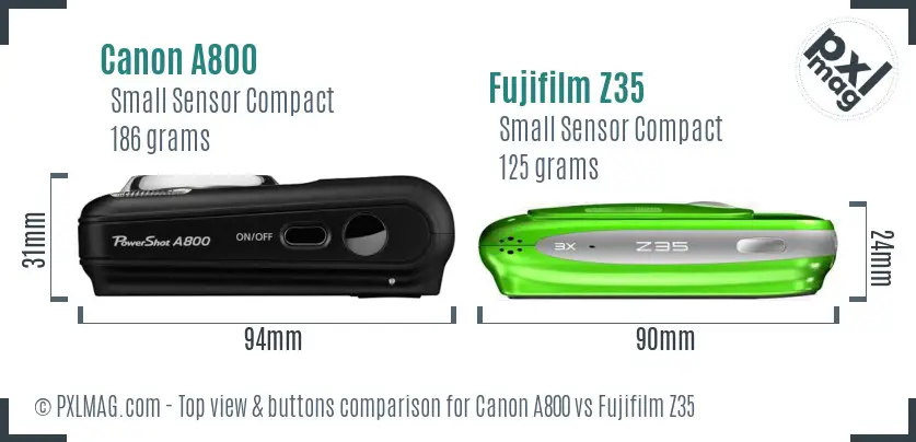 Canon A800 vs Fujifilm Z35 top view buttons comparison