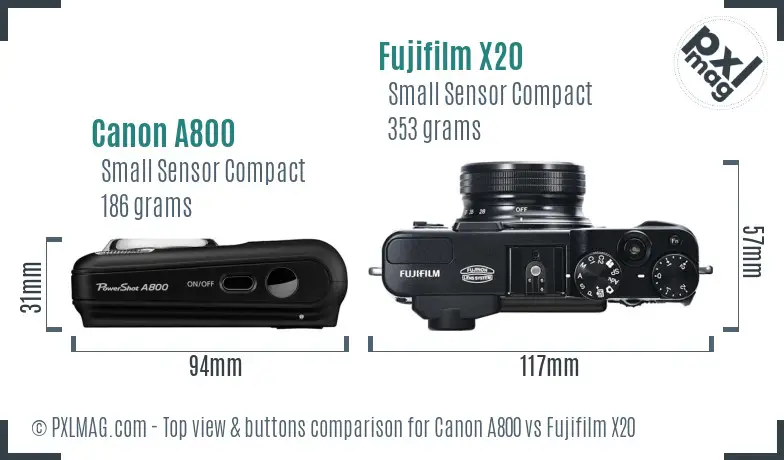 Canon A800 vs Fujifilm X20 top view buttons comparison