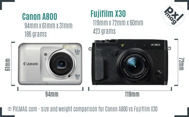 Canon A800 vs Fujifilm X30 size comparison