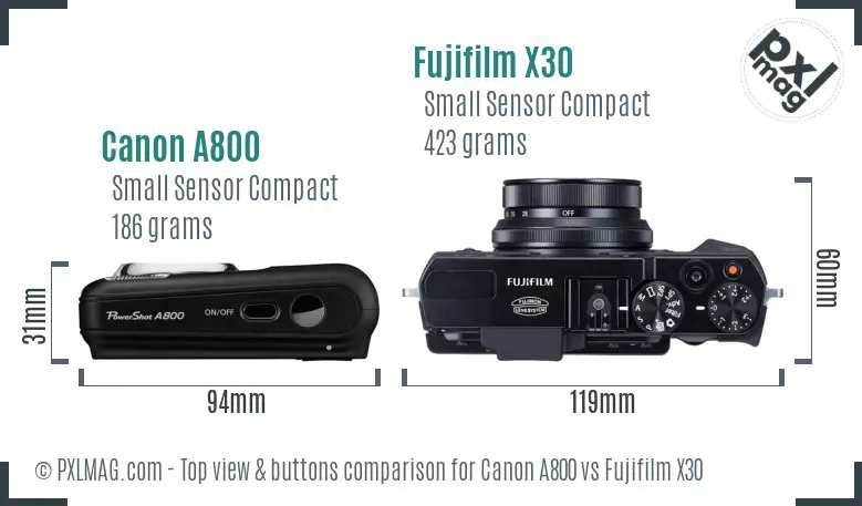 Canon A800 vs Fujifilm X30 top view buttons comparison