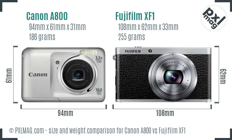 Canon A800 vs Fujifilm XF1 size comparison