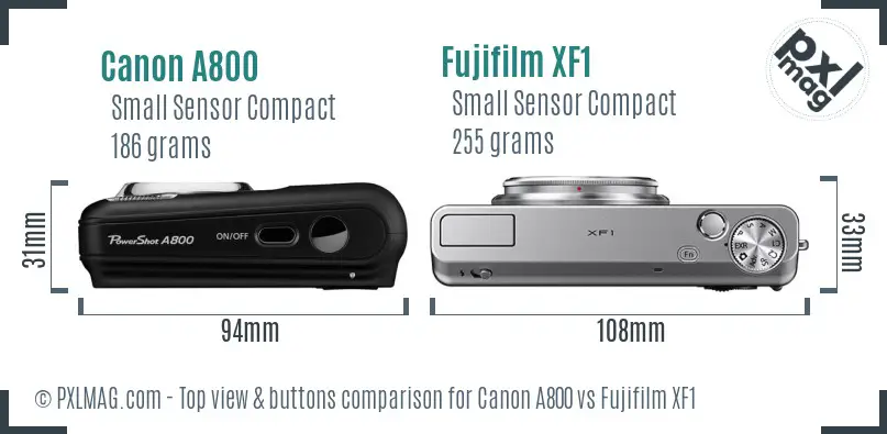 Canon A800 vs Fujifilm XF1 top view buttons comparison