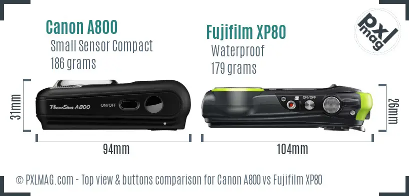 Canon A800 vs Fujifilm XP80 top view buttons comparison