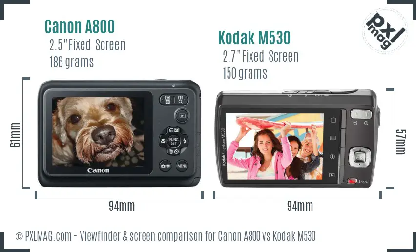 Canon A800 vs Kodak M530 Screen and Viewfinder comparison