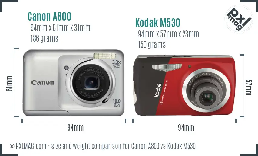 Canon A800 vs Kodak M530 size comparison