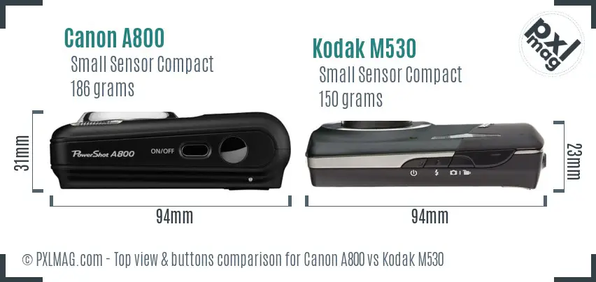 Canon A800 vs Kodak M530 top view buttons comparison