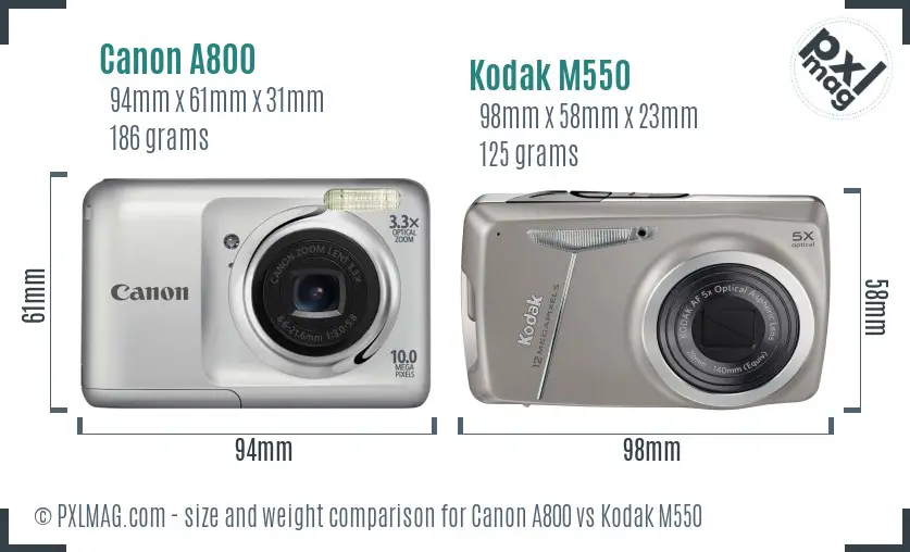 Canon A800 vs Kodak M550 size comparison