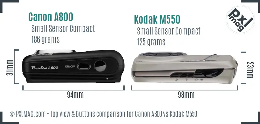 Canon A800 vs Kodak M550 top view buttons comparison