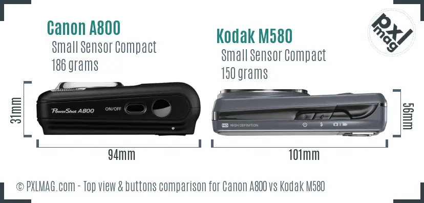 Canon A800 vs Kodak M580 top view buttons comparison