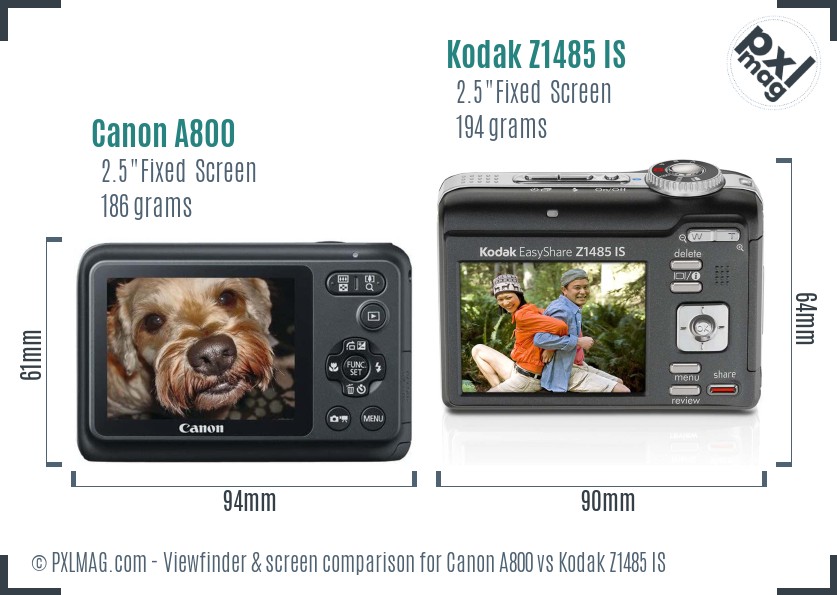 Canon A800 vs Kodak Z1485 IS Screen and Viewfinder comparison