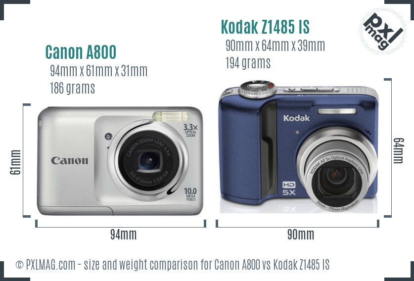 Canon A800 vs Kodak Z1485 IS size comparison