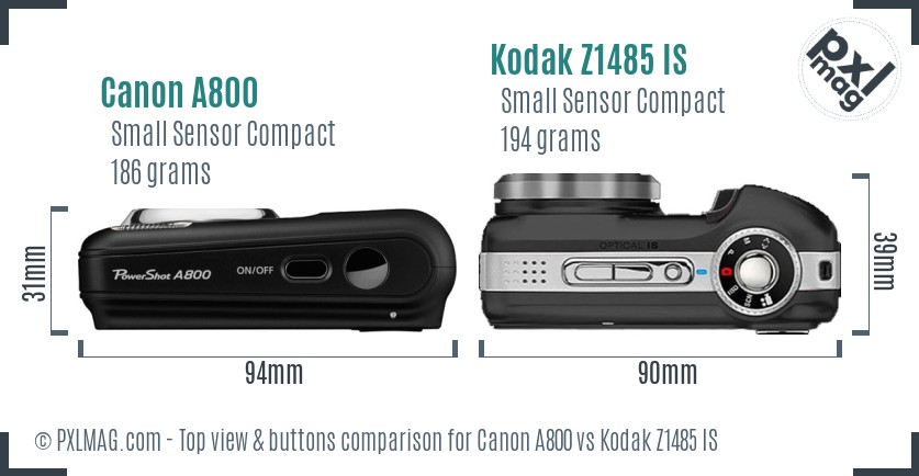 Canon A800 vs Kodak Z1485 IS top view buttons comparison