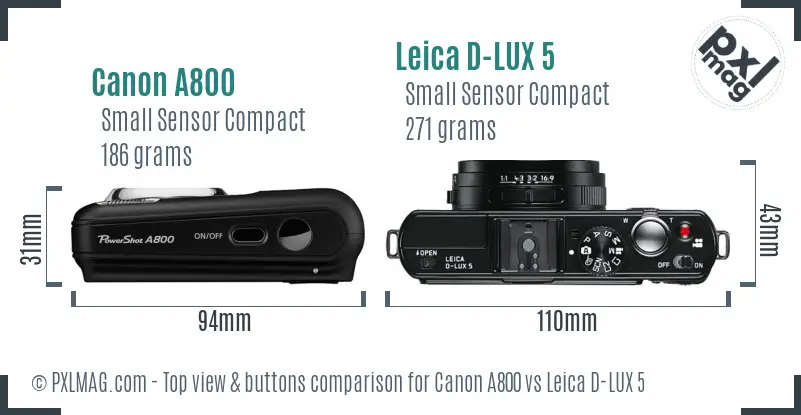Canon A800 vs Leica D-LUX 5 top view buttons comparison Canon A800 vs Leica D-LUX 5 top view buttons comparison
