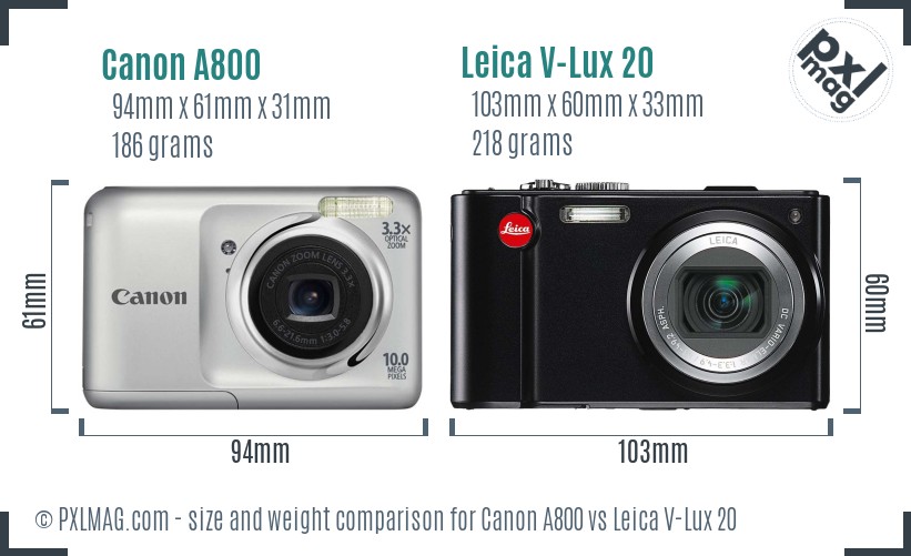 Canon A800 vs Leica V-Lux 20 size comparison