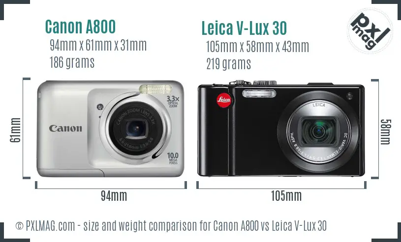 Canon A800 vs Leica V-Lux 30 size comparison