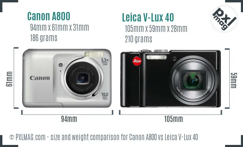 Canon A800 vs Leica V-Lux 40 size comparison