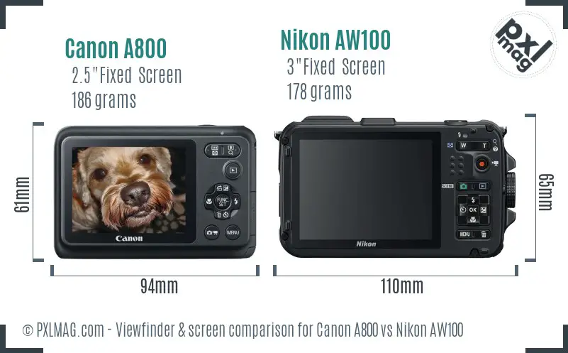 Canon A800 vs Nikon AW100 Screen and Viewfinder comparison