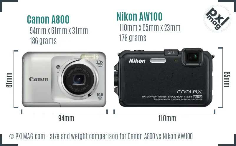 Canon A800 vs Nikon AW100 size comparison