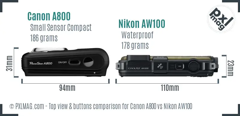 Canon A800 vs Nikon AW100 top view buttons comparison