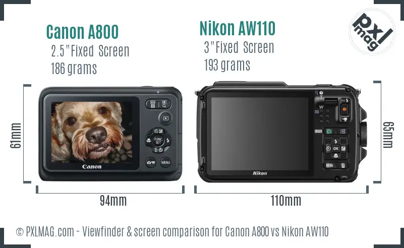 Canon A800 vs Nikon AW110 Screen and Viewfinder comparison