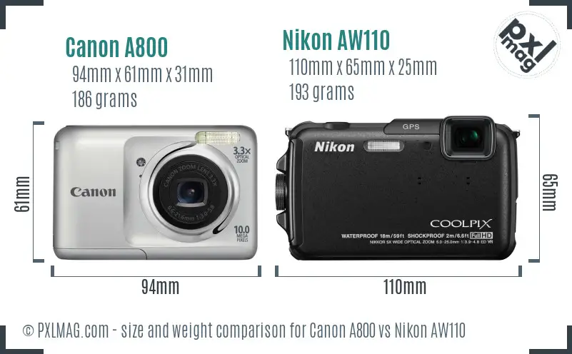 Canon A800 vs Nikon AW110 size comparison