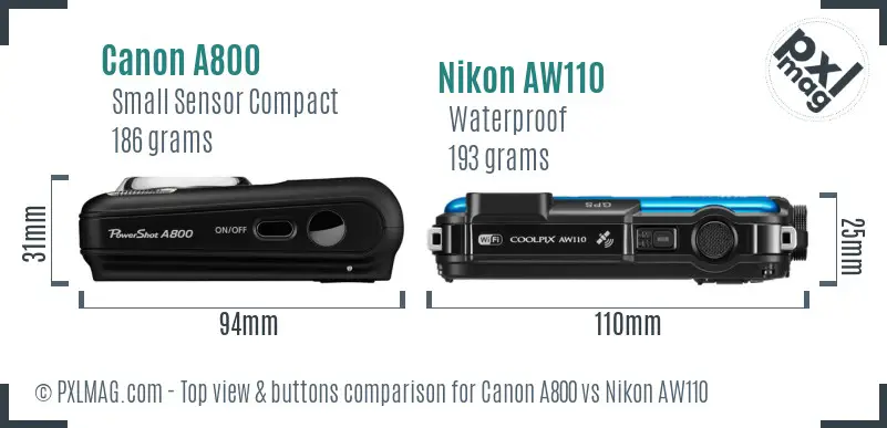 Canon A800 vs Nikon AW110 top view buttons comparison
