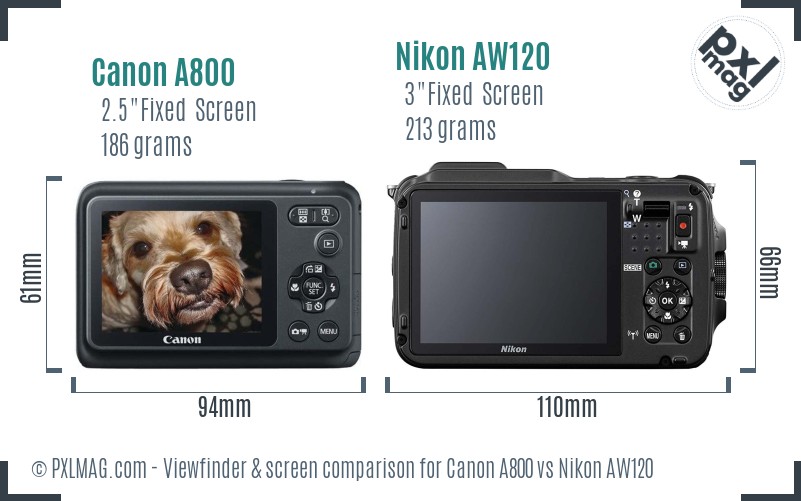 Canon A800 vs Nikon AW120 Screen and Viewfinder comparison