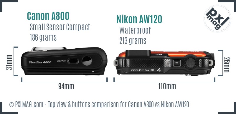 Canon A800 vs Nikon AW120 top view buttons comparison