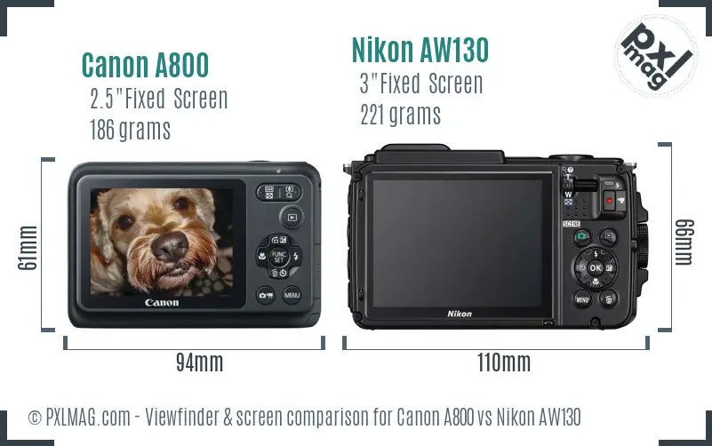 Canon A800 vs Nikon AW130 Screen and Viewfinder comparison