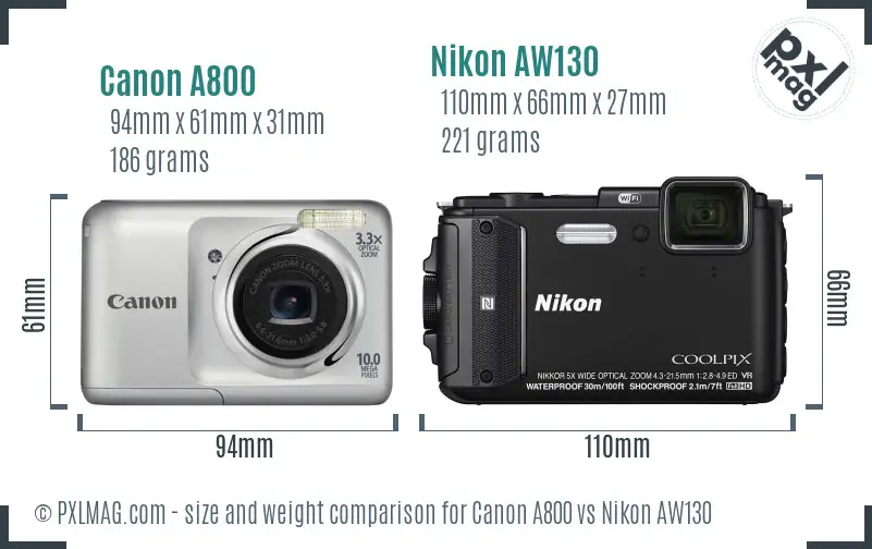 Canon A800 vs Nikon AW130 size comparison