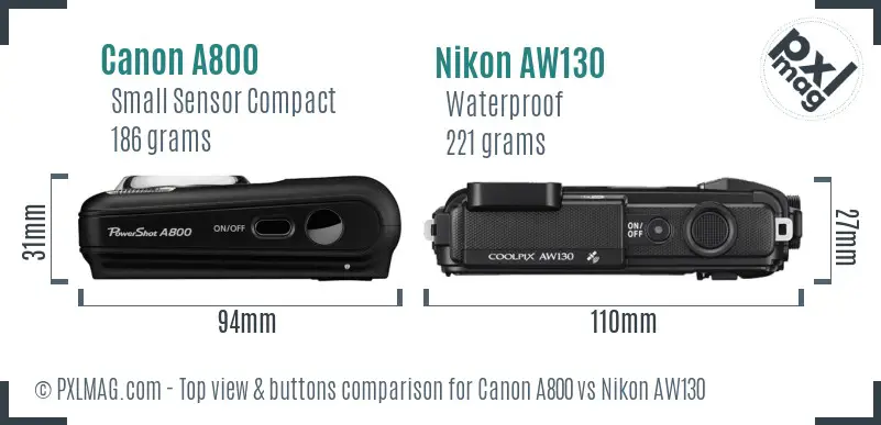 Canon A800 vs Nikon AW130 top view buttons comparison