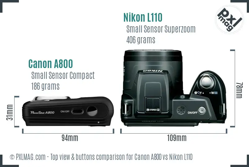 Canon A800 vs Nikon L110 top view buttons comparison