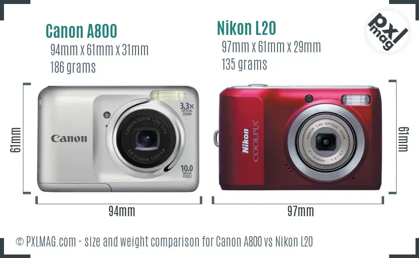 Canon A800 vs Nikon L20 size comparison