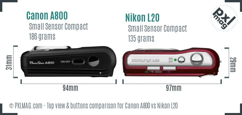 Canon A800 vs Nikon L20 top view buttons comparison