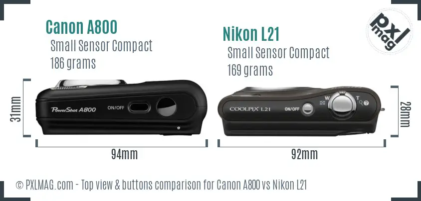 Canon A800 vs Nikon L21 top view buttons comparison