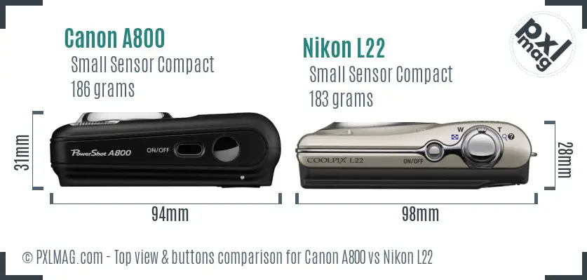 Canon A800 vs Nikon L22 top view buttons comparison Canon A800 vs Nikon L22 top view buttons comparison
