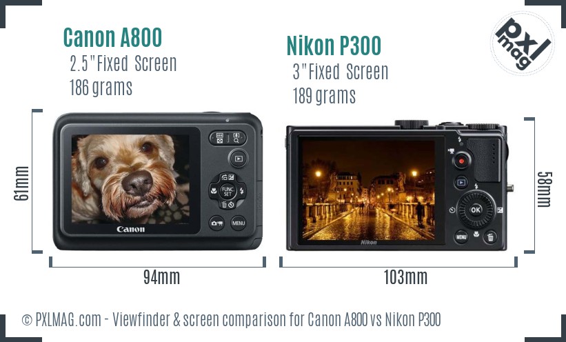 Canon A800 vs Nikon P300 Screen and Viewfinder comparison