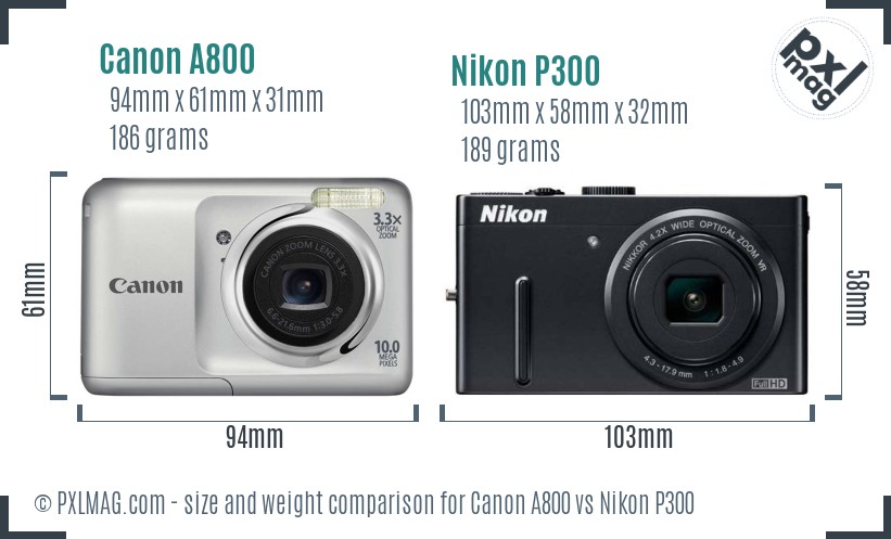 Canon A800 vs Nikon P300 size comparison