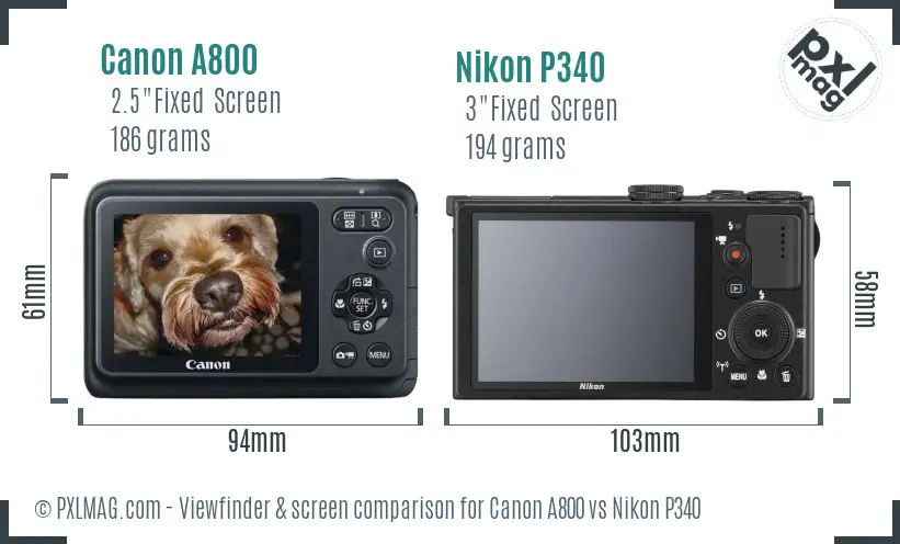 Canon A800 vs Nikon P340 Screen and Viewfinder comparison