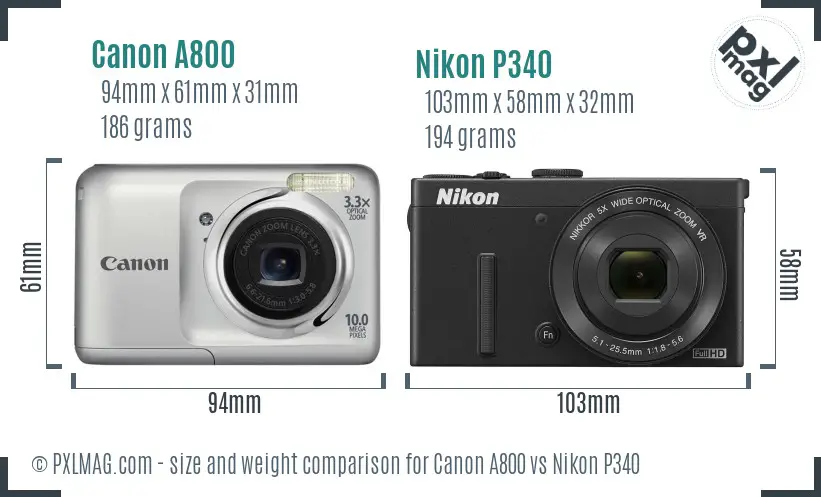 Canon A800 vs Nikon P340 size comparison