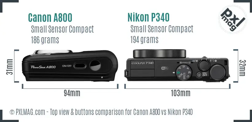 Canon A800 vs Nikon P340 top view buttons comparison